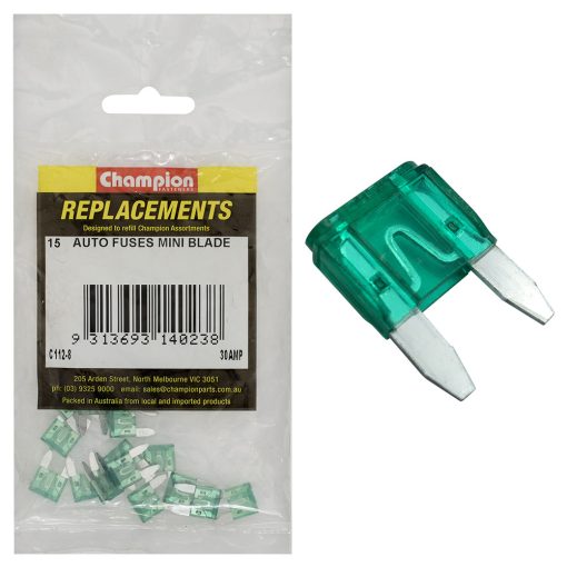 Champion 30Amp Mini Blade Fuse (Green) -15pk