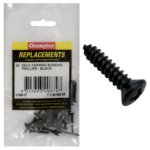 Champion 6G x 1in S/Tapping Screw Raised Head Ph Blk -30pk