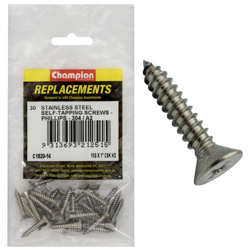 Champion 10Gx1in S/Tapping Screw Csk Hd Phillips 304/A2-30pk