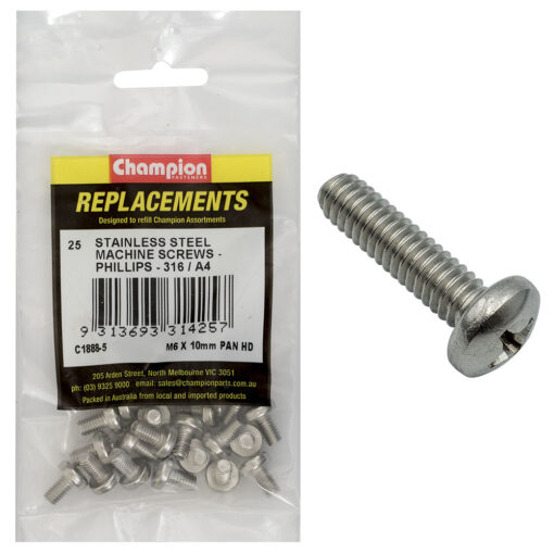 Champion M6 x 10mm Machine Screw -Pan -Ph -316/A4 -25pk