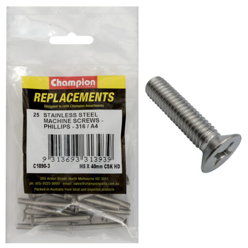 Champion M5 x 40mm Machine Screw -Csk -Ph -316/A4 -25pk