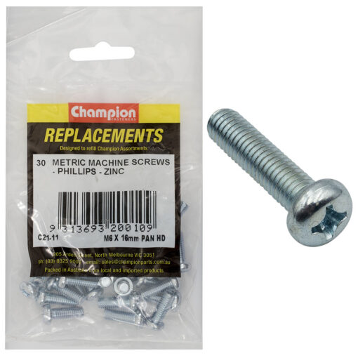 Champion M6 x 16mm Machine Screw P/H Phillips -30pk