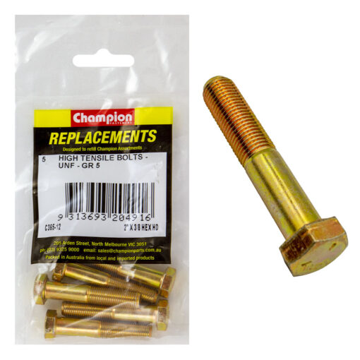 Champion 3/8in x 2in UNF Bolt -Gr5 -5pk