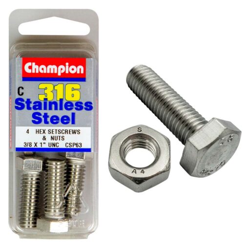 Champion 3/8in x 1in UNC Hex Set Screw 316/A4 (C)